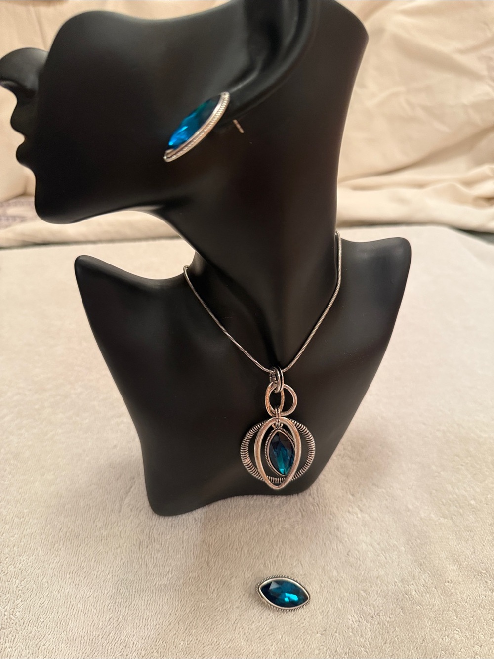Silver Necklace and Earring Set with Deep Turquoise Glass Stones